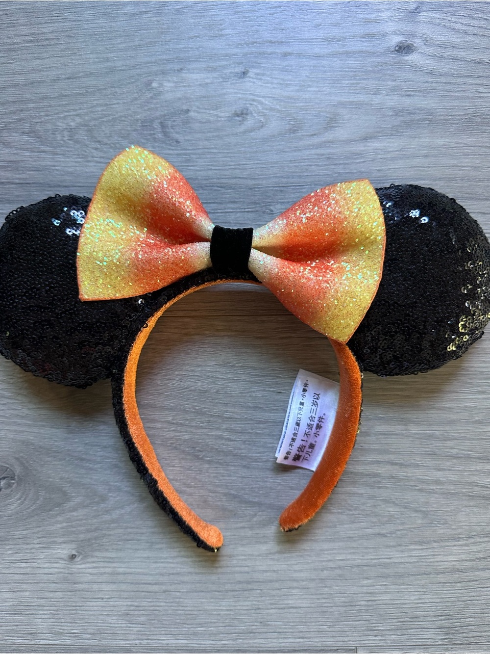 Disney Parks Black Sequin Ears Headband with Candy Corn Glitter Bow